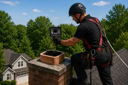 Technician inspecting chimney flashing cap crown and masonry for leak repair